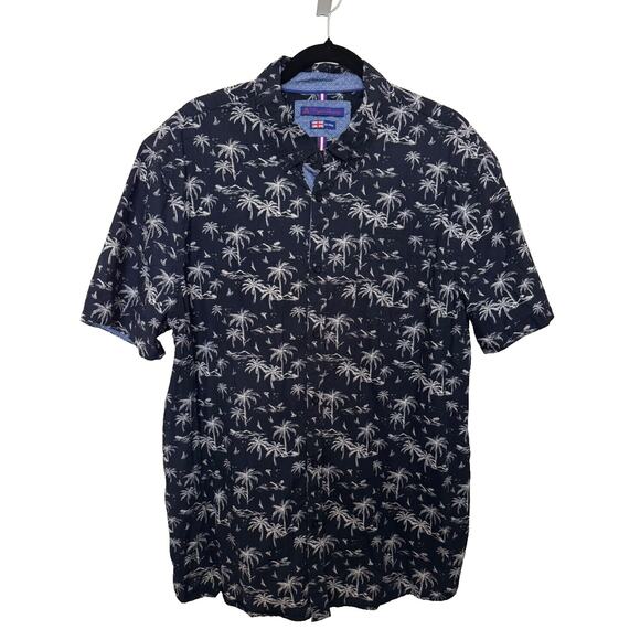 English Laundry Shirt Men 2X Navy Palm Tree Print Cotton Button Up Pocket Resort - Picture 1 of 7